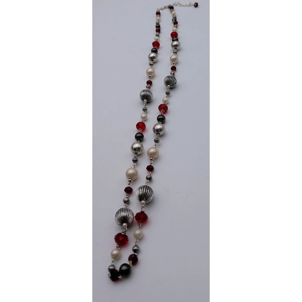 Premier Designs Beaded Station Necklace Red Crystal Faux Pearl Silver Tone Long